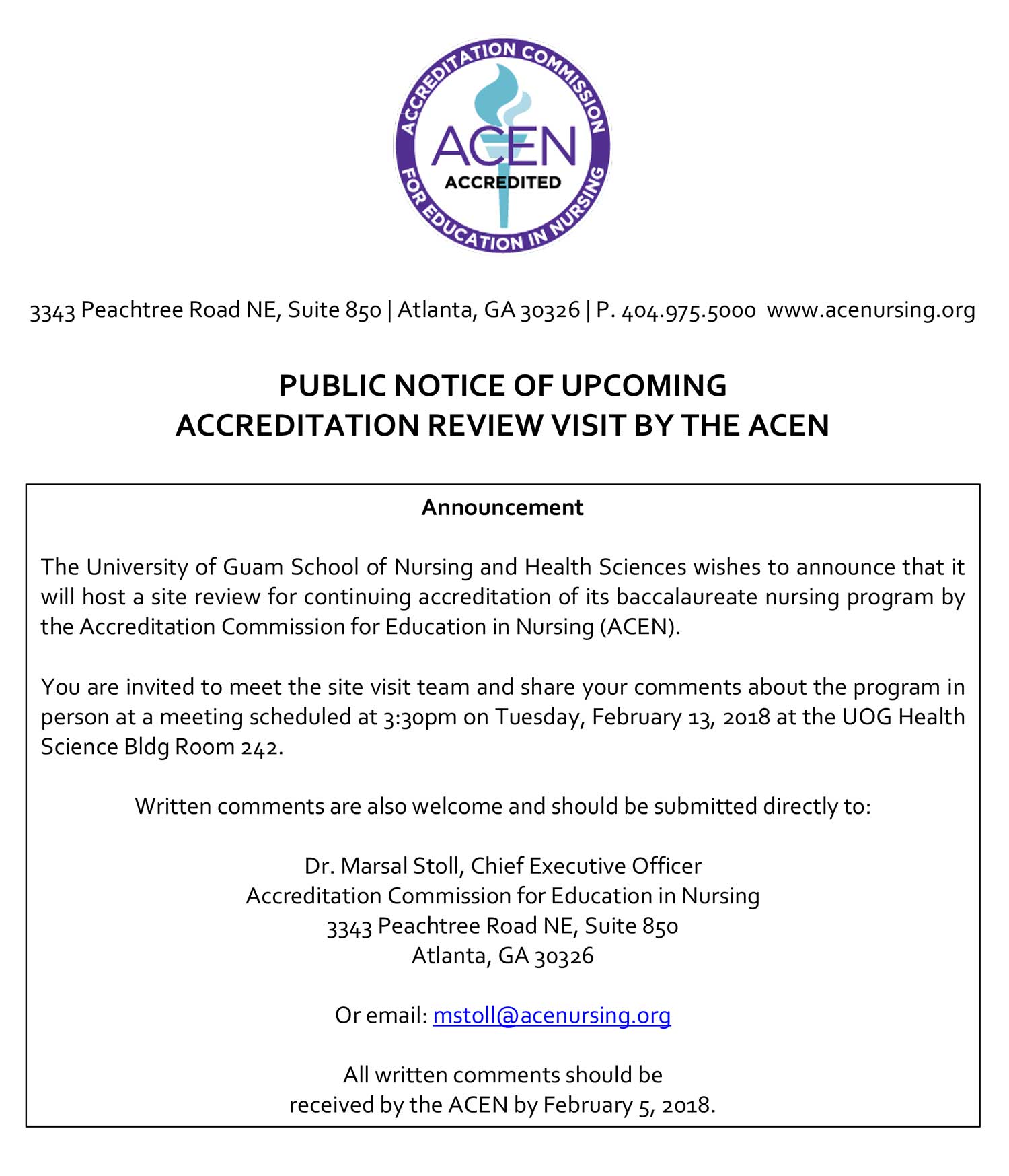 soh accreditation visit announcement