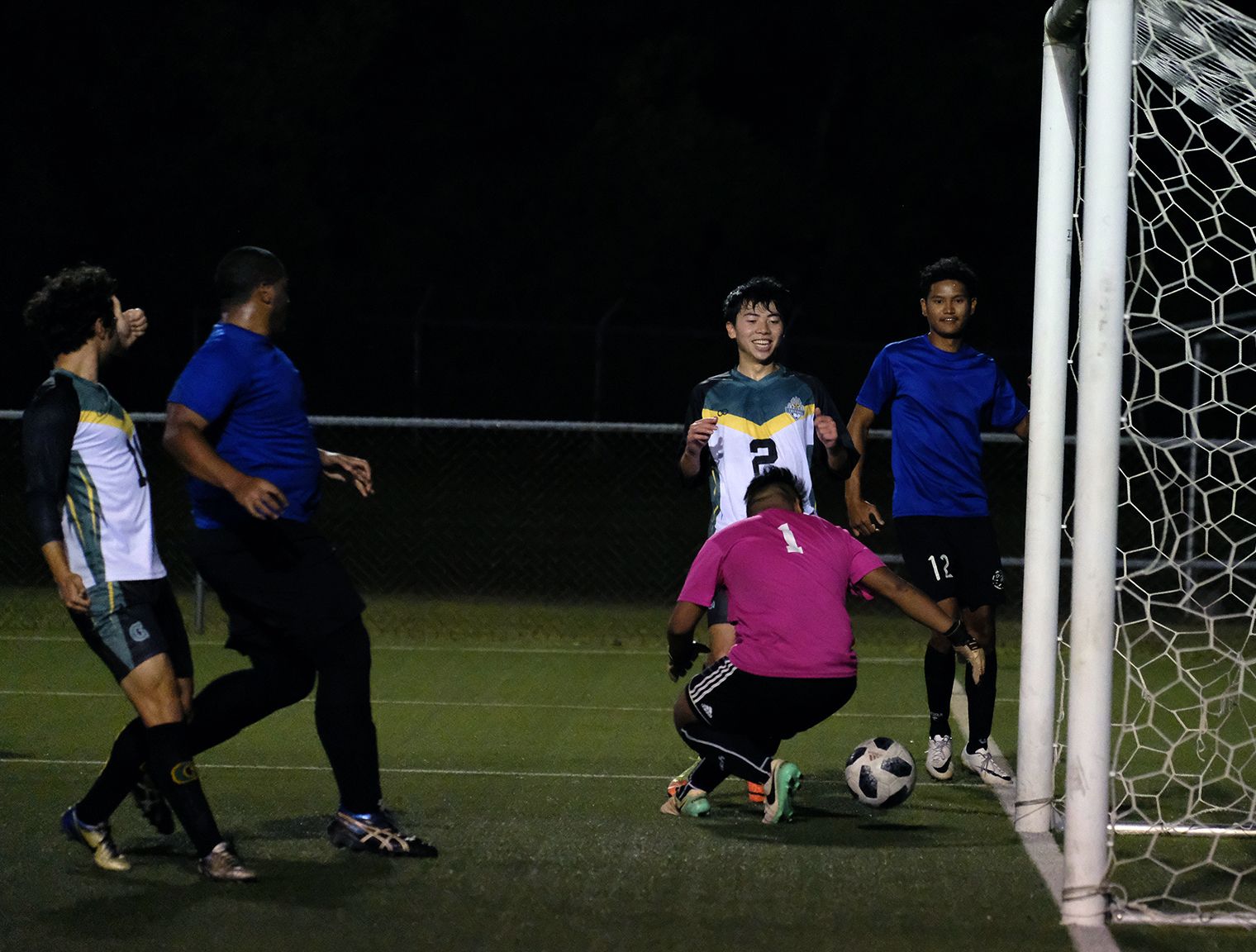 Ryoga Okada (#2) scores a goal in an earlier game this season. 