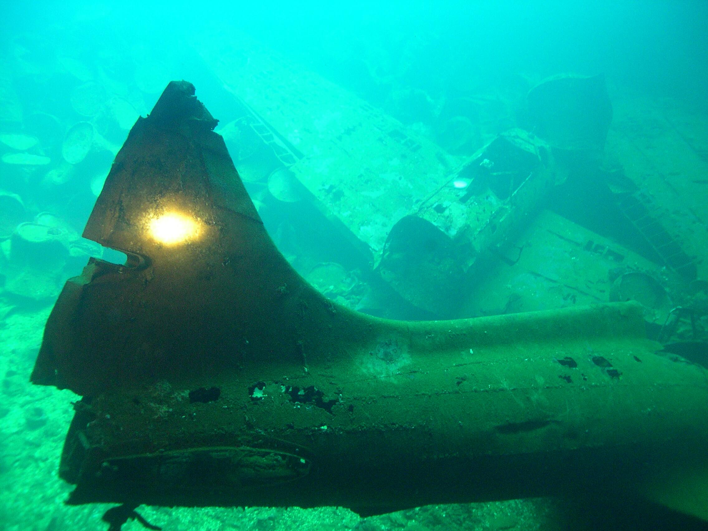 Aircraft parts in the hold of Fujikawa Maru in Chuuk Lagoon.  Photo by Greg Adams