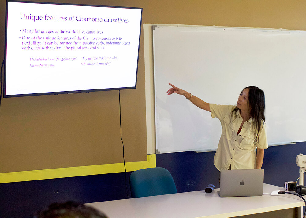 Linguist Sandra Chung explains causatives in the CHamoru language during a presentation on Nov. 5.