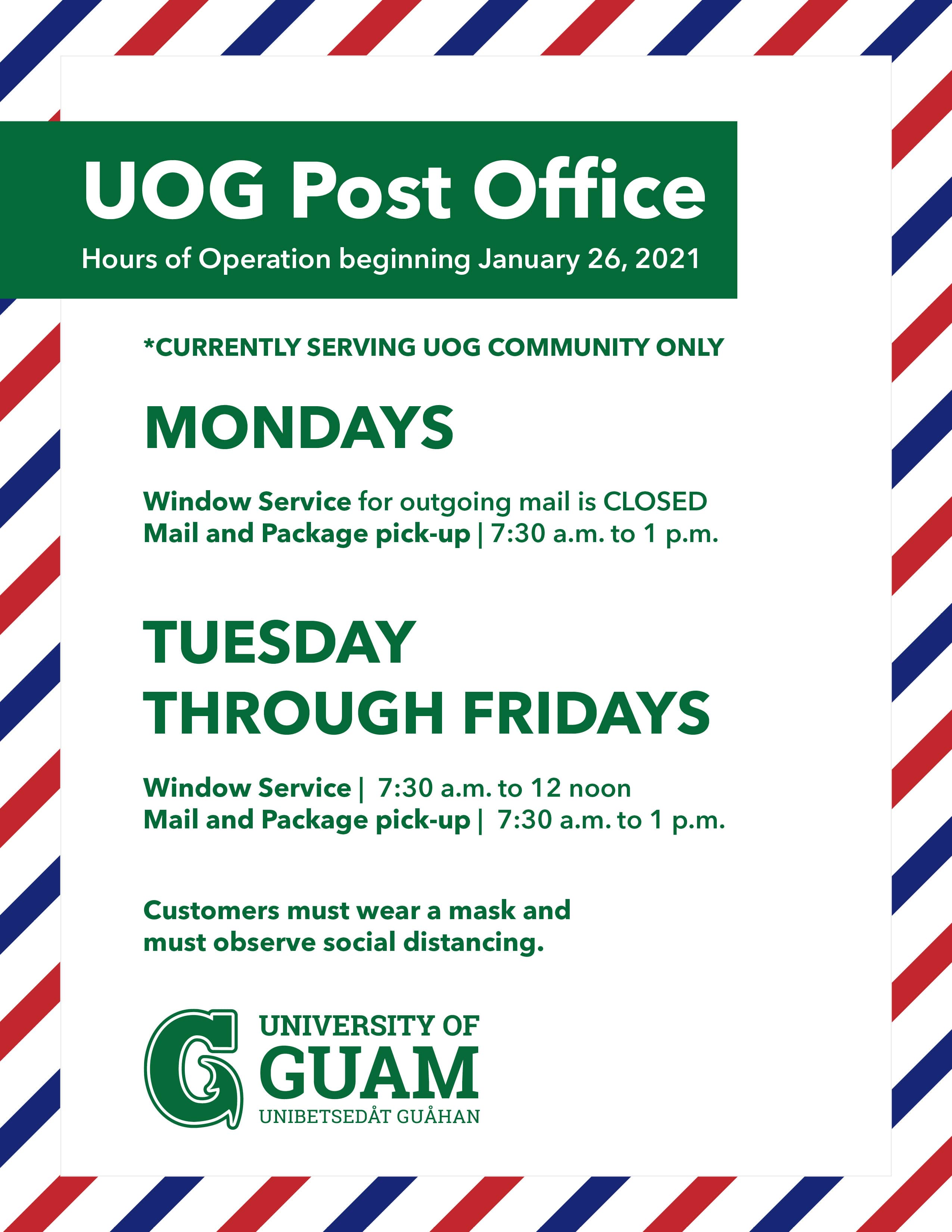 Post Office hours flyer. See text above for content.