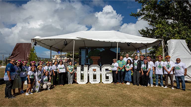 SGA, Lt Gov, & UOG admin and leadership gather for a group photo at Charter Day opening ceremony