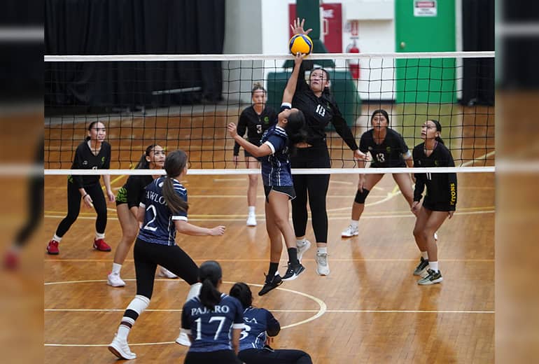 Volleyball team member in blue jersey blocks spike from member on opposing team in black jersey